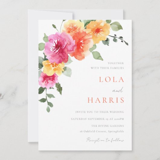 Kleurrijke levendige lente bloemenbruiloft kaart (Voorkant)