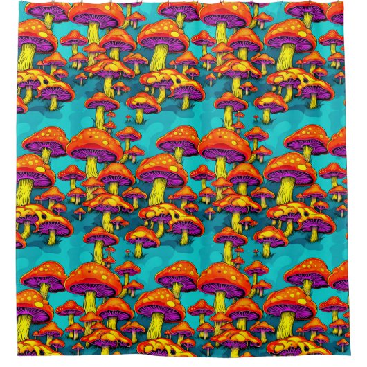 Kleurrijke levendige Retro Trippy paddenstoelen Douchegordijn (Voorkant)
