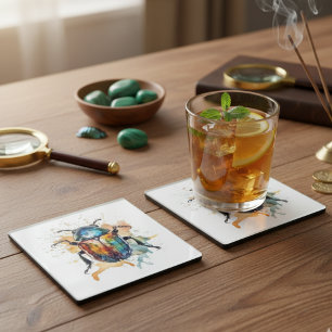 Kleurrijke levendige scarabee in waterverf glazen onderzetter