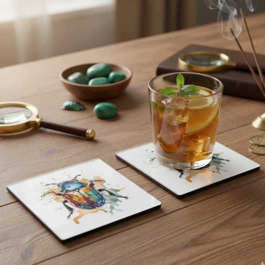 Kleurrijke levendige scarabee in waterverf glazen onderzetter