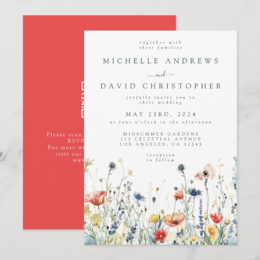 Kleurrijke Levendige Wildflower QR Code Wedding Kaart (Voorkant / Achterkant)