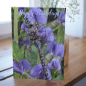 Kleurrijke libel op paarse bloemen verjaardag kaart