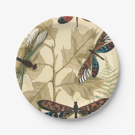 Kleurrijke libellen die boven bladeren drijven papieren bordje (Voorkant)