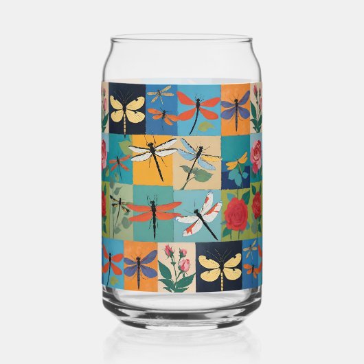 Kleurrijke Libellen En Rozen Patchwork Blikvorm Glas (Voorkant)