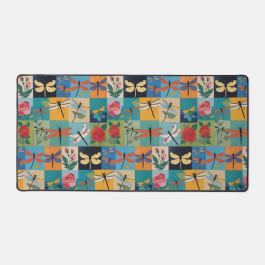 Kleurrijke Libellen En Rozen Patchwork Bureaumat (Voorkant)
