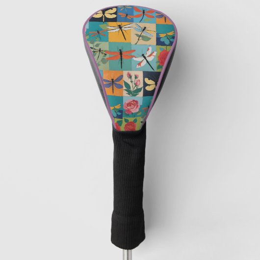 Kleurrijke Libellen En Rozen Patchwork Golfheadcover (Voorkant)