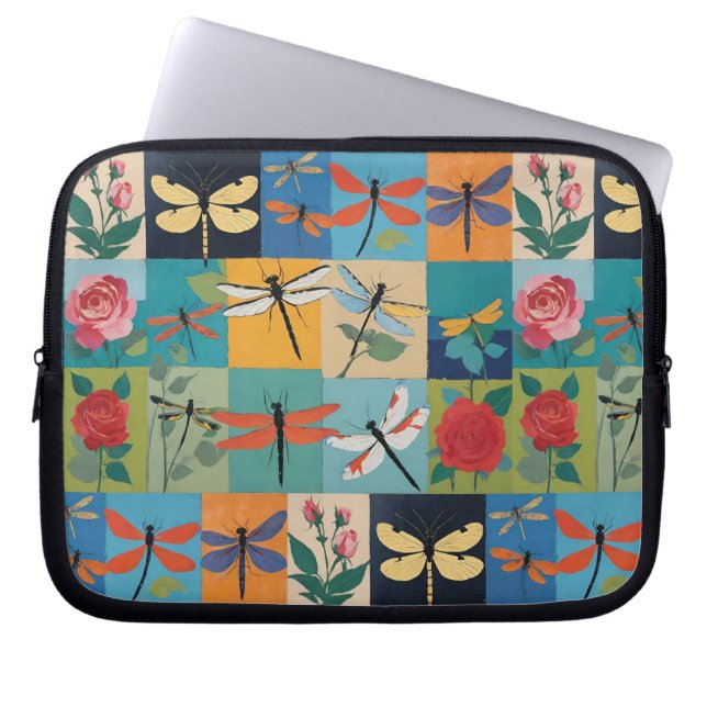 Kleurrijke Libellen En Rozen Patchwork Laptop Sleeve (Voorkant)