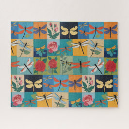 Kleurrijke Libellen En Rozen Patchwork Legpuzzel