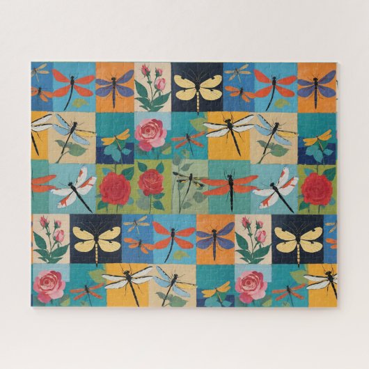 Kleurrijke Libellen En Rozen Patchwork Legpuzzel (Horizontaal)