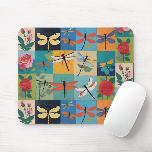 Kleurrijke Libellen En Rozen Patchwork Muismat (Met muis)