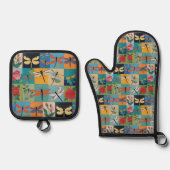 Kleurrijke Libellen En Rozen Patchwork Ovenwant & Pannenlap Set (Voorkant)