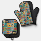 Kleurrijke Libellen En Rozen Patchwork Ovenwant & Pannenlap Set (Voorkant / Achterkant)