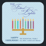 Kleurrijke Lichtblauwe Menorah Chanoeka Vierkante Sticker<br><div class="desc">Hier is een leuke graphic look voor een Chanoeka sticker. Een kleurrijke menora markeert een gestreepte borden blauwpaneel met een "lichtfestival" in een typografische behandeling hierboven. Een speciaal aangepast bericht gaat eronder. Geweldig als envelop zegels of voor het plakken op vakantiepakketten of geschenken. Verkrijgbaar in alternatieve kleuren met bijpassende producten....</div>