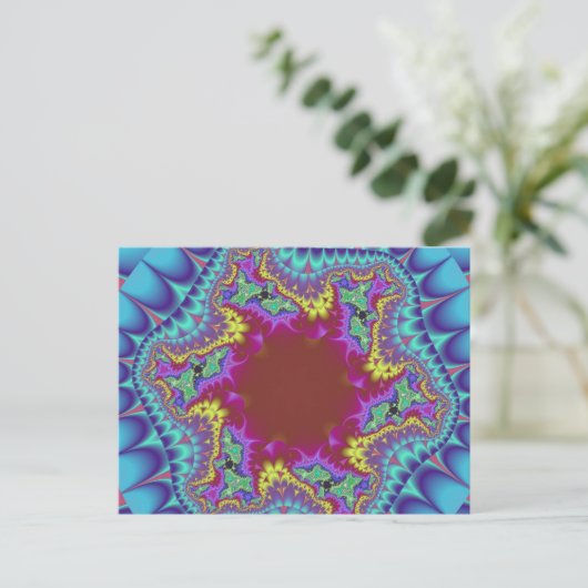 Kleurrijke lichtblauwe, roze en bordeaux fractal briefkaart (Staand voorkant)