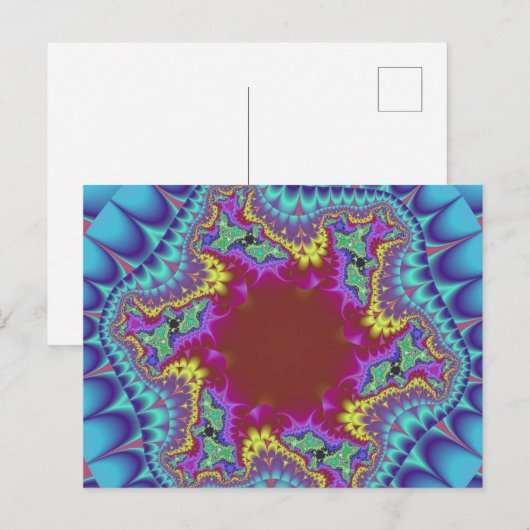 Kleurrijke lichtblauwe, roze en bordeaux fractal briefkaart (Voorkant / Achterkant)