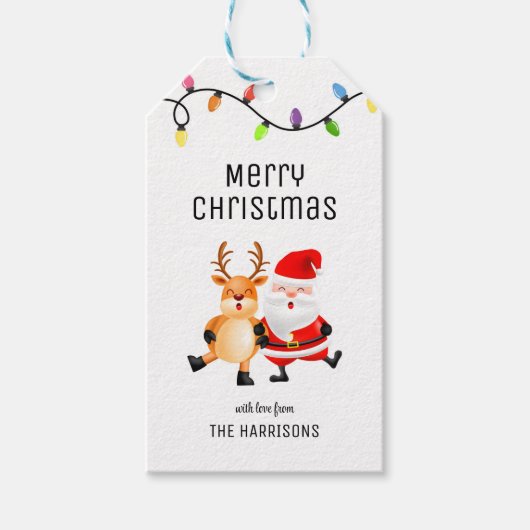 Kleurrijke Lichten Santa Reindeer Kerstmis Cadeaulabel (Voorkant)