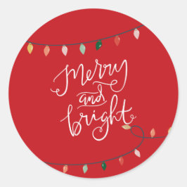 Kleurrijke Lichtslingers Rood Merry and Bright Ronde Sticker