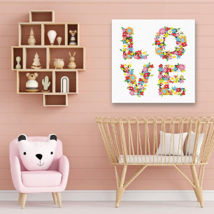 Kleurrijke LIEFDE Lente Bloemen Whimsische Kraamka Canvas Afdruk