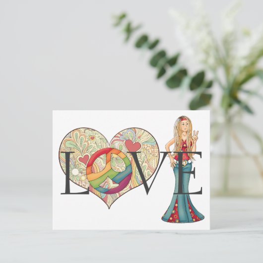Kleurrijke LIEFDE, Vrede en Bloemenhart Hippie Mei Briefkaart (Staand voorkant)