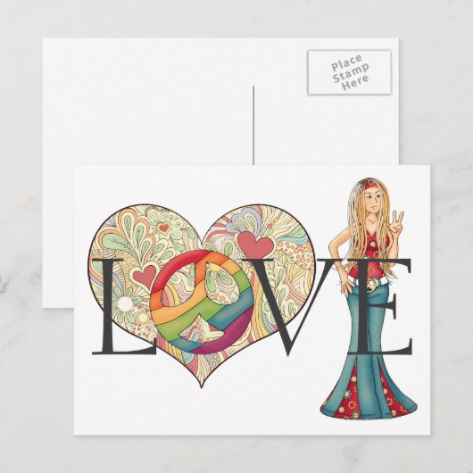 Kleurrijke LIEFDE, Vrede en Bloemenhart Hippie Mei Briefkaart (Voorkant / Achterkant)