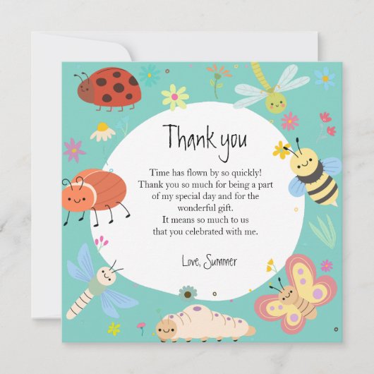 Kleurrijke Lieve Bugs Kinderverjaardag Bedankkaart (Voorkant)