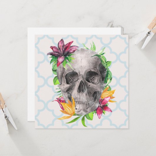 Kleurrijke Lily Bloemen Schedel Gotische Groet Kaart (Voorkant / Achterkant in situ)