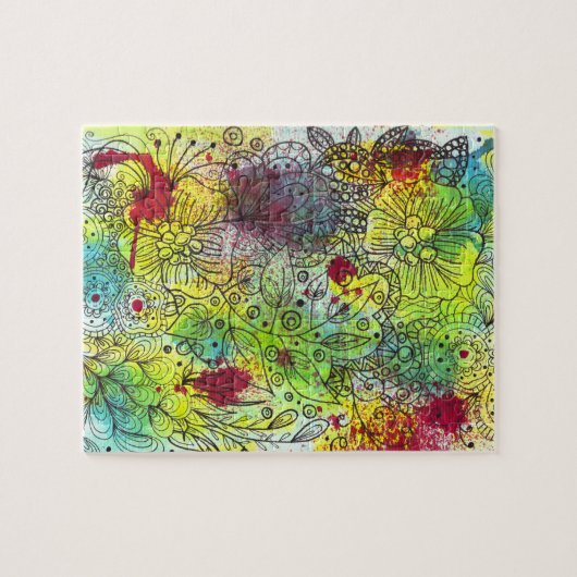 Kleurrijke Line Art Ink en Waterverf Splashes Legpuzzel (Horizontaal)