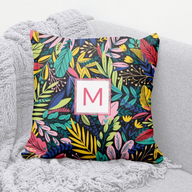Kleurrijke Line Art Leaves 🌿 Coral Modern Monogra Kussen (Modern Coral Monogram Pillow with Bright, Cheery, Colorful Leaves Pattern)