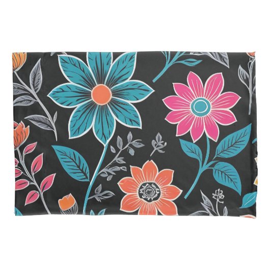 Kleurrijke Linoprint bloemenpatroon Kussensloop (Voorkant)