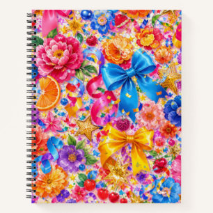Kleurrijke Lint Bloemen en Gouden Sterren Notitieb Notitieboek