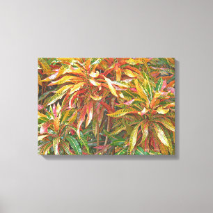 "KLEURRIJKE LINTACHTIGE BLADEREN" GEEL/GROEN/ZALM CANVAS AFDRUK