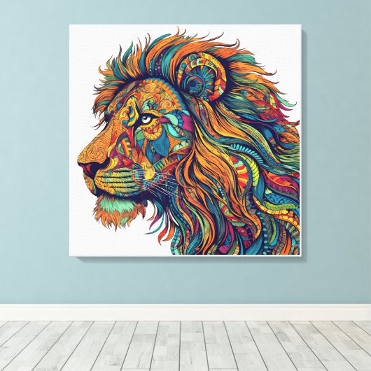 Kleurrijke lion Canvas Wall Art Tribale leeuwensch (Insitu (Houten vloer))