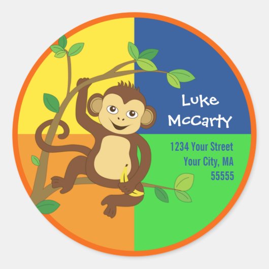 Kleurrijke Little Monkey Adreslabel Ronde Sticker (Voorkant)