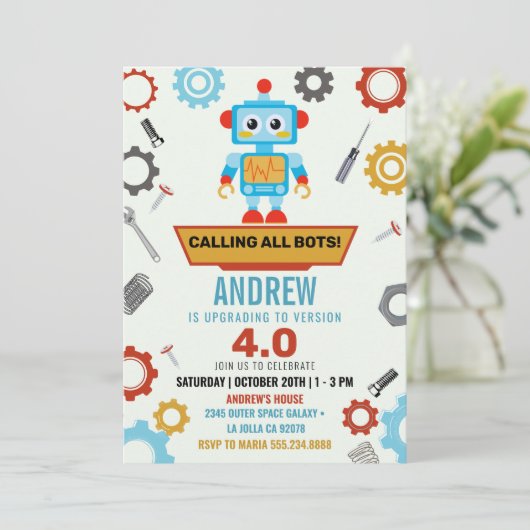 Kleurrijke Little Robot Party Theme Verjaardag Kaart (Staand voorkant)