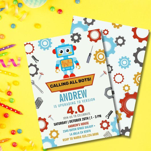 Kleurrijke Little Robot Party Theme Verjaardag Kaart