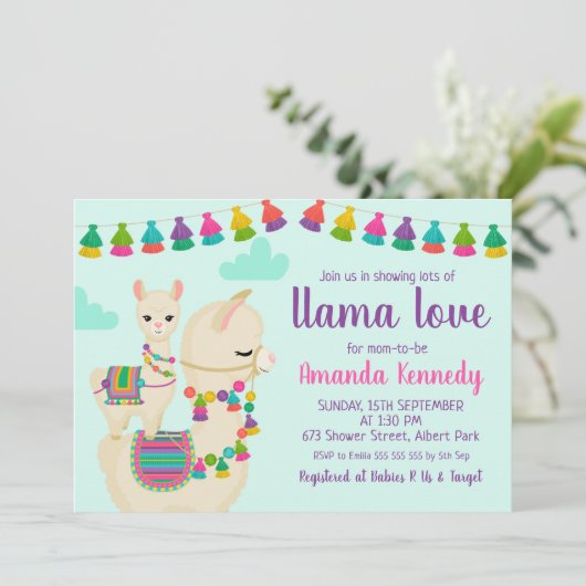 Kleurrijke Llama Love Baby shower Uitnodiging (Staand voorkant)