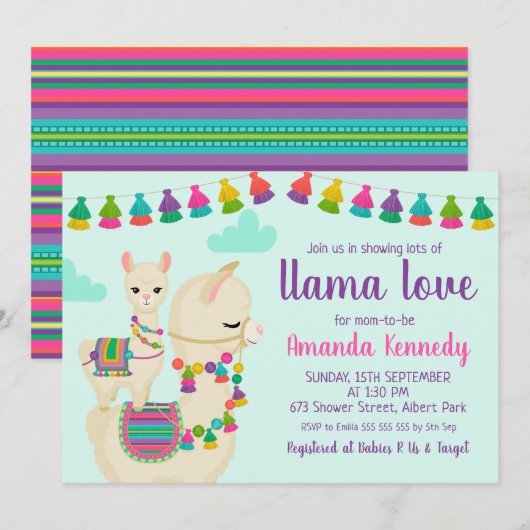 Kleurrijke Llama Love Baby shower Uitnodiging (Voorkant / Achterkant)