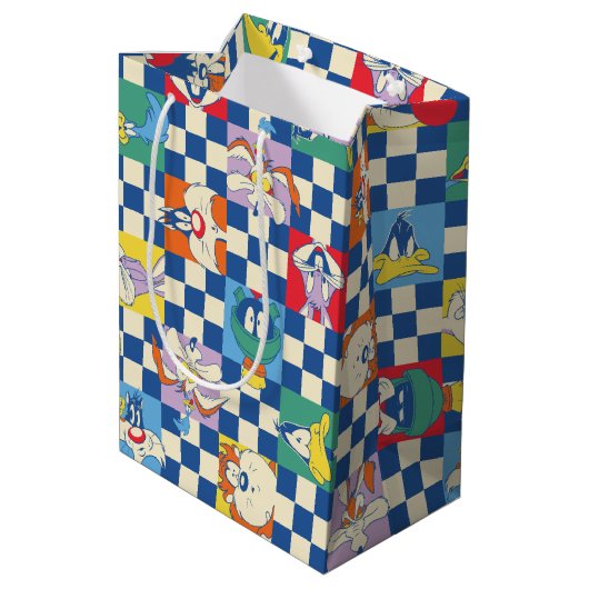 Kleurrijke LOONEY TUNES™ Checker Toss Pattern Medium Cadeauzakje (Achterkant Gekanteld)