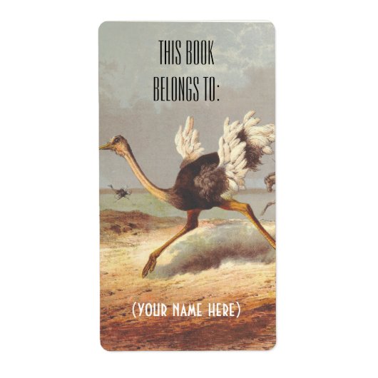 Kleurrijke lopende struisvogelillustratie boekplaa etiket (Voorkant)