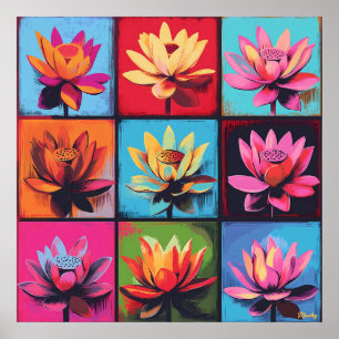 Kleurrijke Lotus Grid Pop Art – Levendig Bloemstuk Poster