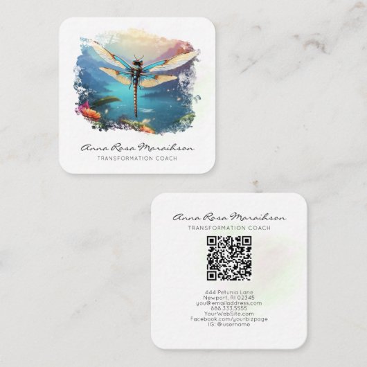 *~* Kleurrijke Lotus Lily Abstracte Dragonfly QR Vierkante Visitekaartje (Voorkant / Achterkant)