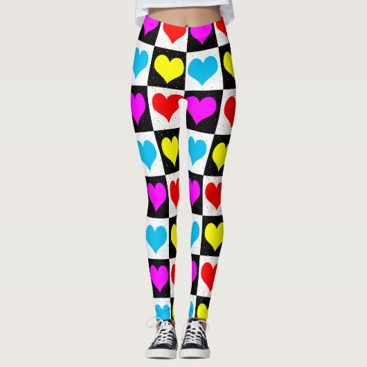 Kleurrijke Love Hearts geometrische blokprint Leggings (Voorkant)