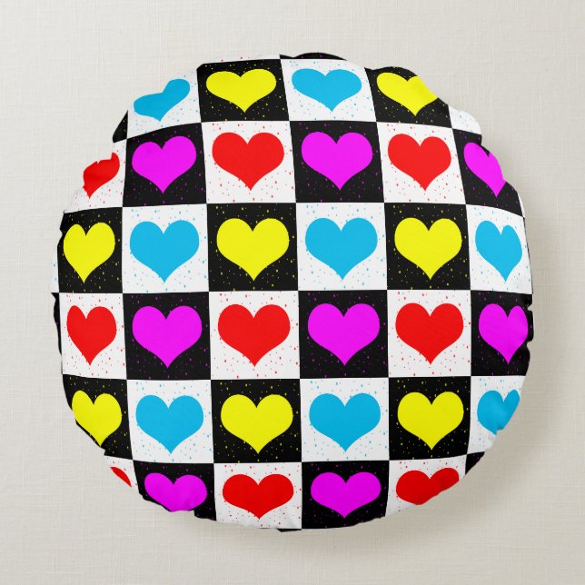 Kleurrijke Love Hearts geometrische blokprint Rond Kussen (Voorkant)