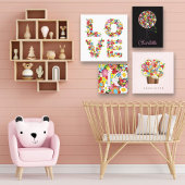 Kleurrijke LOVE Lente Bloemen Whimsical kinderkame Canvas Afdruk