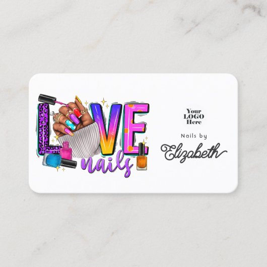 Kleurrijke "Love Nails" Slogan Chic Nail Salon Visitekaartje (Voorkant)