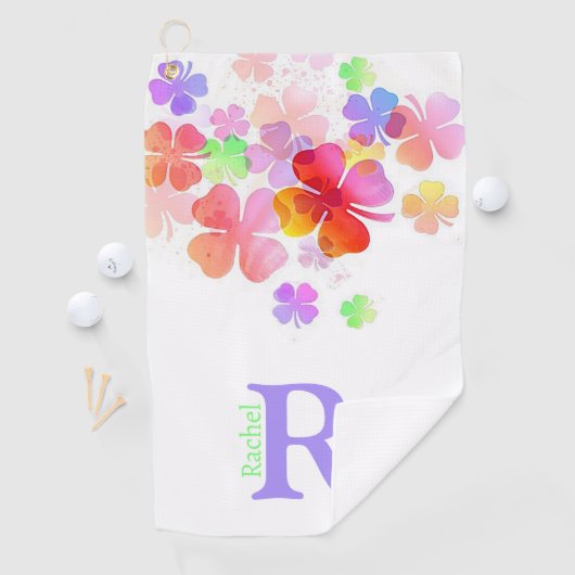 Kleurrijke Lucky Four Leaf Clovers monogram Golfhanddoek (Insitu)