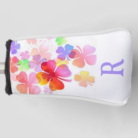 Kleurrijke Lucky Four Leaf Clovers monogram Golfheadcover (Voorkant)