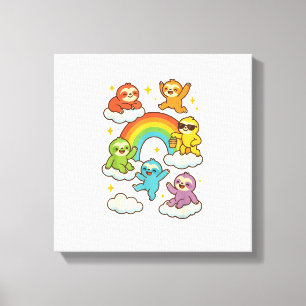 Kleurrijke Luiaards Met Een Regenboog Kawaii Luiaa Canvas Afdruk
