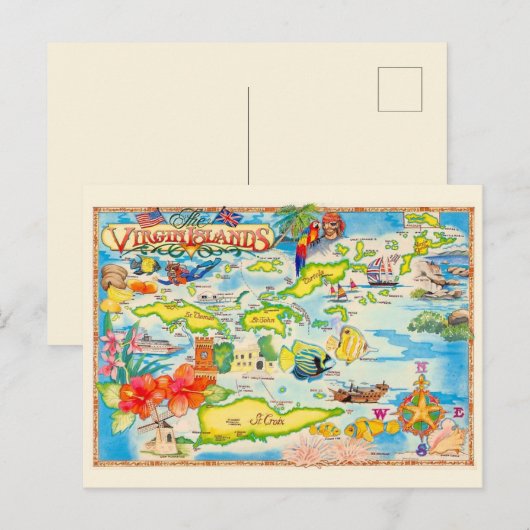 Kleurrijke Maagdeneilanden Kaart Briefkaart (Voorkant / Achterkant)