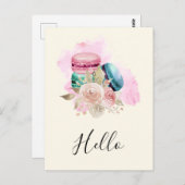 Kleurrijke Macarons en Bloemen Waterverf Hallo Briefkaart (Voorkant / Achterkant)